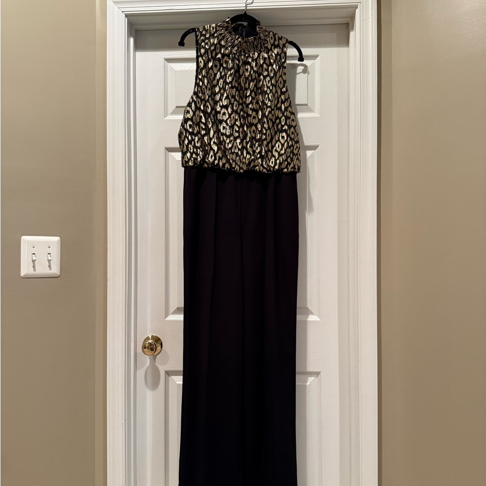 Donna Morgan Metallic Leopard Print Sleeveless Top/Black Jumpsuit (Size 14)